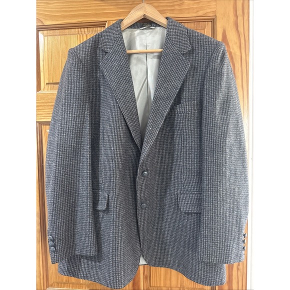 VTG Tweed Jacket Blue Grey Windowpane Plaid Check 100% Wool Blazer SportCoat 44R